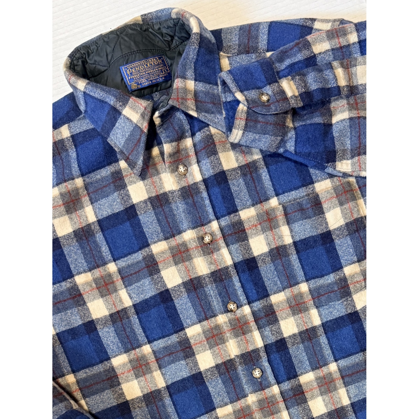 Pendleton - Men's Vtg Wool Flannel Shirt - Long Sleeve Blue Plaid Usa - Large